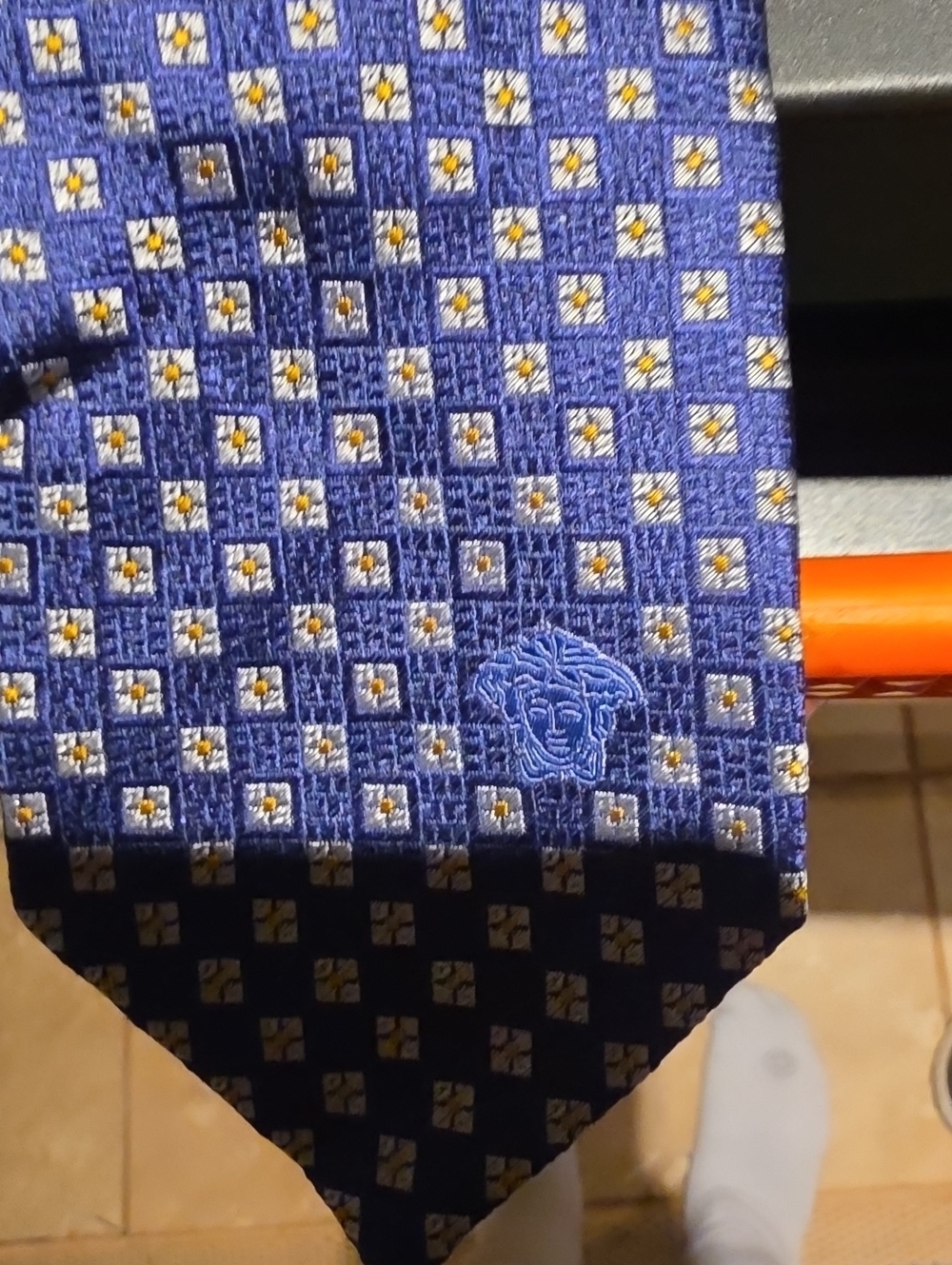 Versace Blue Geometric Silk Tie with Gold Accents